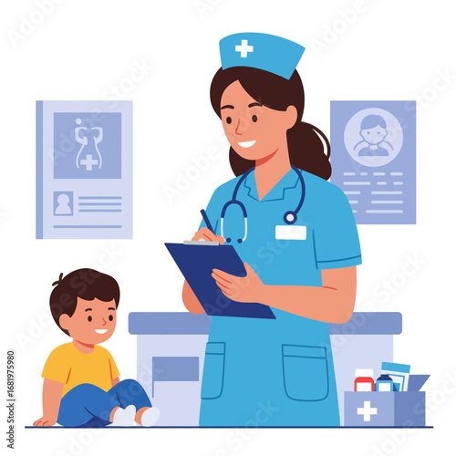 Friendly Nurse Examining a Child Patient in a Clinic Setting.