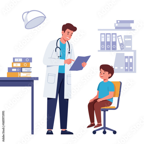 Friendly Male Doctor Showing Medical Report to a Child Patient.