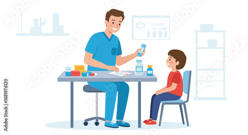 Pediatrician in Blue Scrubs Explaining Medicine to a Young Patient at Desk.