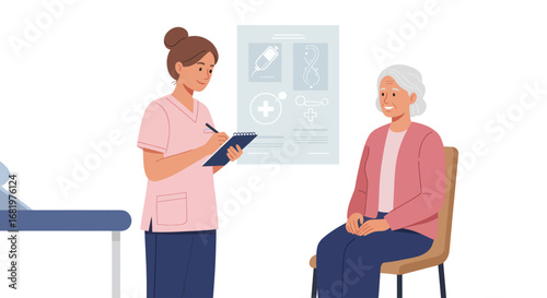 Nurse attentively records information while an elderly woman sits patiently.