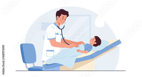 Professional male doctor in a white coat examining a young child patient with a stethoscope.