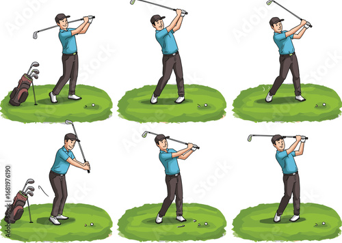 Man playing golf, golf swing sequence, golfing, outdoor sport, golf training, athletic activity