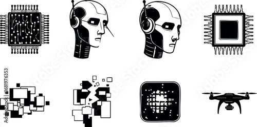 Artificial intelligence robot head and microchip circuit vector illustration set black and white 