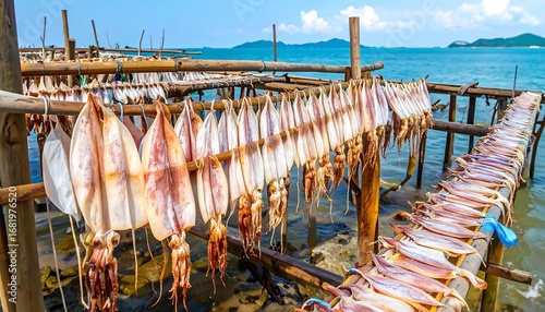 Dried squid hangs from wooden racks over the water, showcasing a traditional method of preserving seafood.