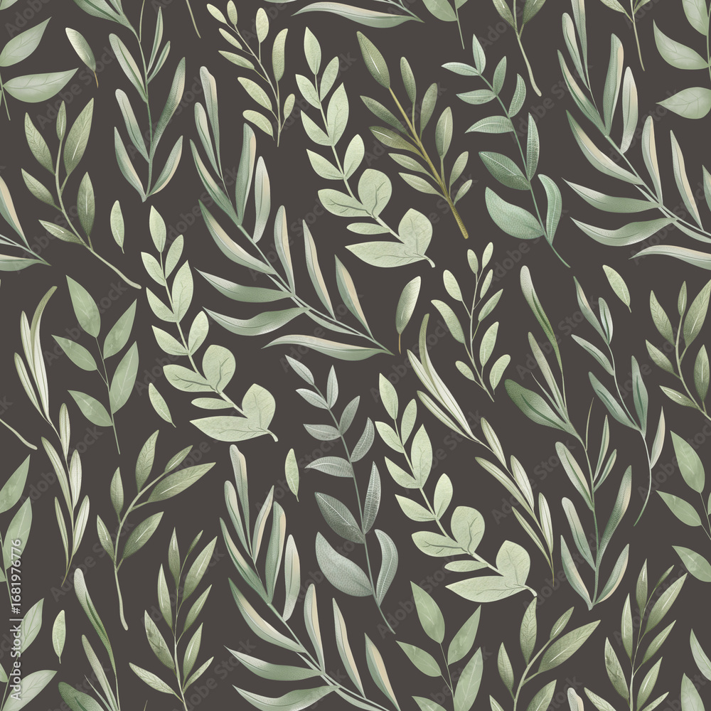 Naklejka premium Seamless watercolor botanical pattern with green leaves and branches on dark background. Elegant foliage design for fabric, wrapping paper, wallpaper, and natural-themed decor.
