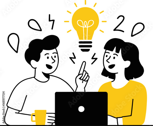 Illustration of two colleagues brainstorming ideas together, working on a laptop, and having a discussion to find a solution, isolated on white background