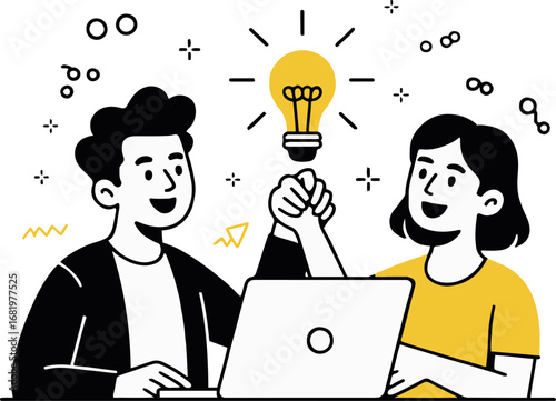 Illustration of two colleagues are celebrating a successful project with a bright idea, working together on a laptop isolated on white background, showcasing teamwork and innovation in business