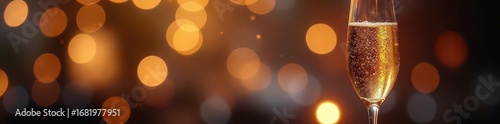 Elegant champagne flute, glowing bokeh lights ,  festive background,  abstract