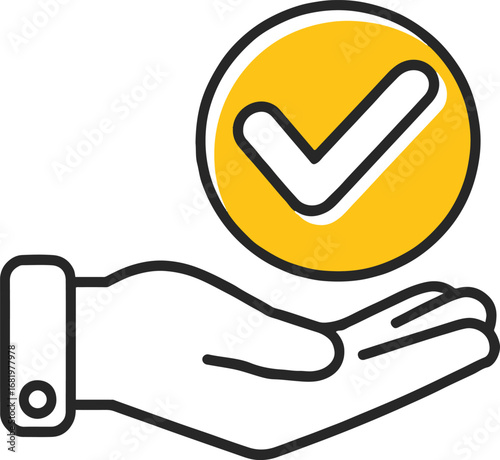 Hand holding a check mark icon in a circle isolated on white background, representing approval, success, agreement, and validation for business, service, and quality assurance