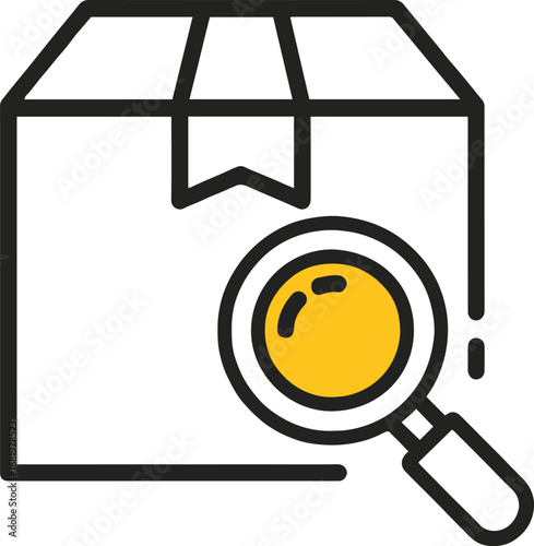 Package box inspection with magnifying glass, ensuring quality and verifying contents before delivery, isolated on white background