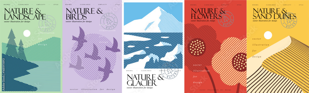custom made wallpaper toronto digitalAbstract nature.. Vector modern abstract geometric illustrations of sand dunes and desert, birds, glacier, flowers and landscape with lake, mountains and fir tree for poster, cover or background
