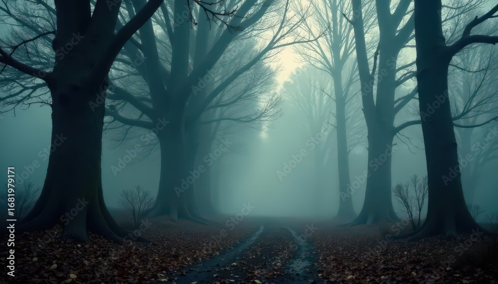 Obraz premium Dense fog shrouds ancient trees, eerie silence falls, mysterious night, green forest