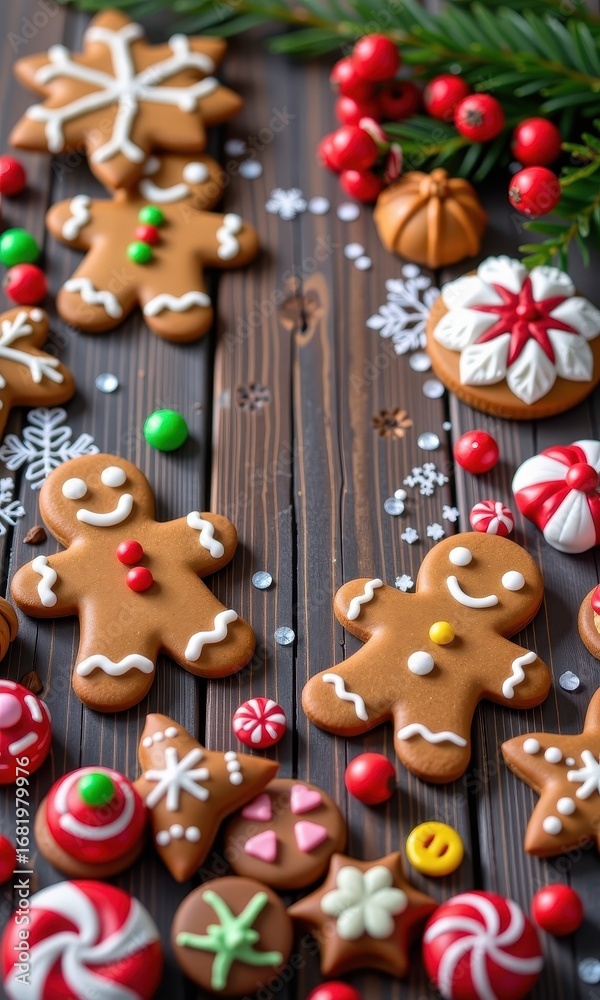 Obraz premium Christmas gingerbread men and assorted sweets arranged on rustic wooden background, ample copy space, festive, winter, delicious