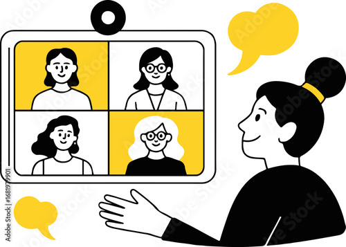 Illustration of a woman is participating in a video conference call with her team isolated on white background this flat vector illustration depicts modern remote work and virtual meetings