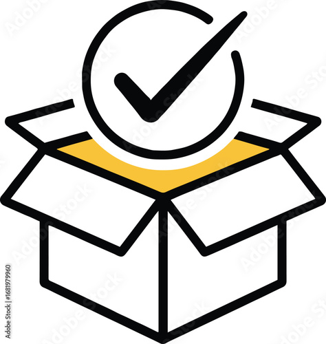 A clean and modern line art illustration of a box with a check mark, isolated on white background the design features a simple outline with a touch of yellow color, symbolizing successful delivery