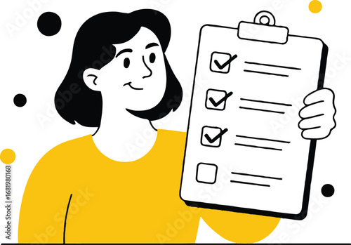 Illustration of a woman is holding a clipboard with a checklist, showing completed tasks, representing business planning, organization, and achievement, isolated on white background