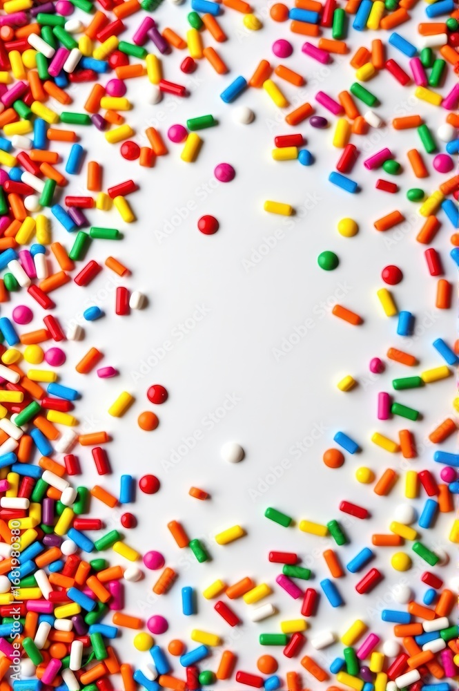 Obraz premium Rainbow candy sprinkles scattered on white background, vibrant colors, sweet treat, confectionery, festive, playful, colorful, sugary, delicious, colorful background, sugar, candy