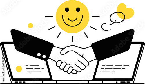 Illustration of a virtual handshake coming out of laptops, symbolizing a successful online business deal and partnership isolated on white background