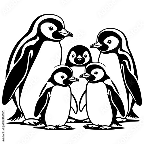 Coloring Page Of Penguin Family Vector Illustration