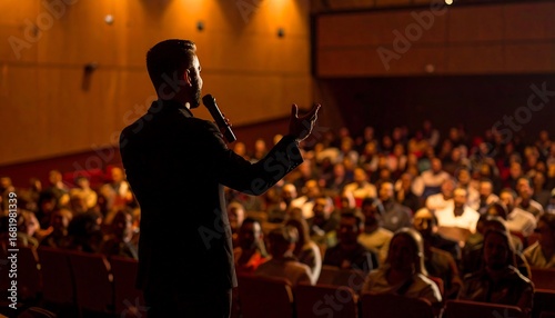 Speaker addressing a large audience in a theater