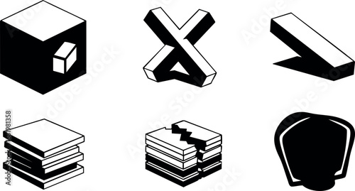 3D geometric shapes and black and white isometric icons vector set 