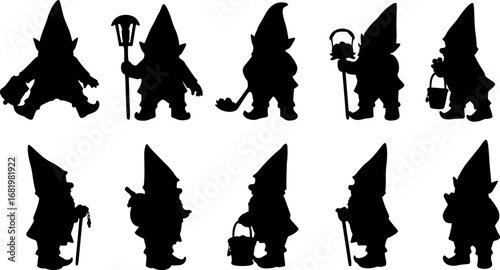 Silhouette fantastic gnome in the garden and in search of treasure. Laser cutting poses fairy tale dwarf elf. Isolated vector illustration on white background.