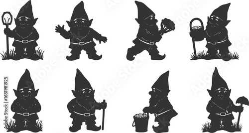 Silhouette fantastic gnome in the garden and in search of treasure. Laser cutting poses fairy tale dwarf elf. Isolated vector illustration on white background.