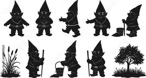 Silhouette fantastic gnome in the garden and in search of treasure. Laser cutting poses fairy tale dwarf elf. Isolated vector illustration on white background.