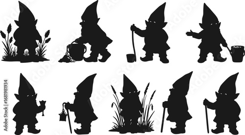 Silhouette fantastic gnome in the garden and in search of treasure. Laser cutting poses fairy tale dwarf elf. Isolated vector illustration on white background.