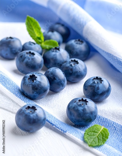 Fresh blueberries arranged on a light blue and white checkered tablecloth, highlighted by vibrant green mint leaves, create a visually appealing still life.