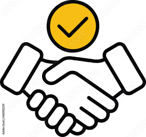 A graphic icon showing a handshake with a yellow check mark above representing agreement or approval