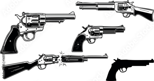 Vintage revolver and pistol gun vector set black and white design illustration 