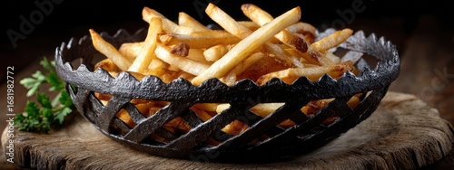 Savory snack favorite: french fry, golden stick, crunchy bite, seasoned taste, fried slice, dipping sauce, casual treat, warm side, salty crisp, handheld food, comforting nibble, popular item