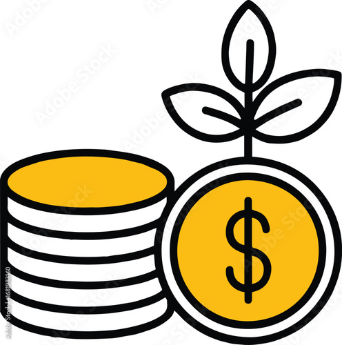 A stack of gold coins with a dollar sign coin and plant growing from it illustration on white
