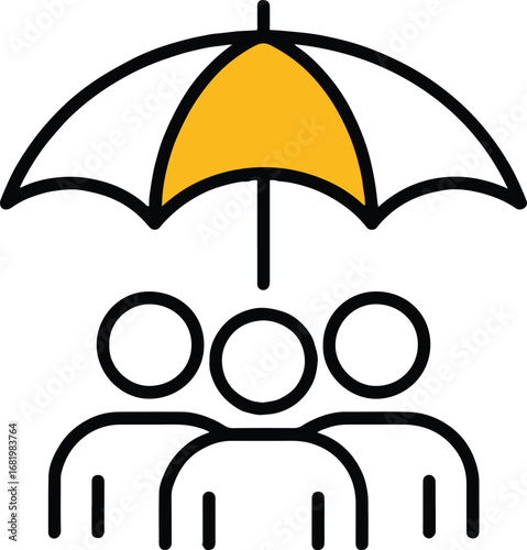 Illustration of three figures under an umbrella with yellow accent offering protection concept design