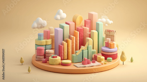 Miniature pastel city model with colorful geometric buildings and a financial chart.