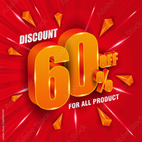 60 percent off. 3D number sales banner. Suitable for discount banners and flyers design.