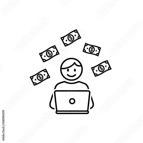 Online profit, Icon of person celebrating making money on computer