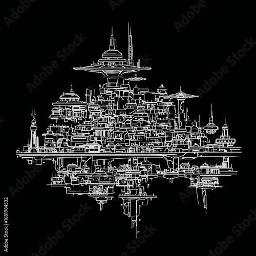 Minimalist white line art of a complex floating futuristic city with a mirrored reflection.