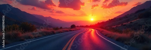 A winding road disappearing into a vibrant sunset, symbolizing the exciting possibilities and unknown adventures that lie ahead on life's journey , nature, opportunity