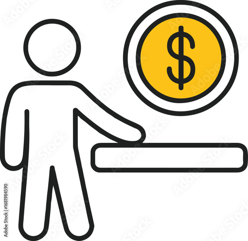 A stick figure depositing a large gold coin with a dollar sign into a slot machine or atm machine icon