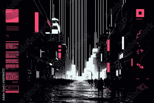 Stylized cyberpunk cityscape at night with pink neon lights and silhouetted people.