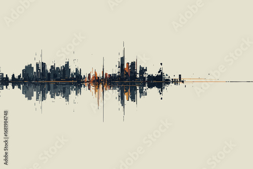 Stylized abstract city skyline with a mirrored reflection resembling a dark soundwave.