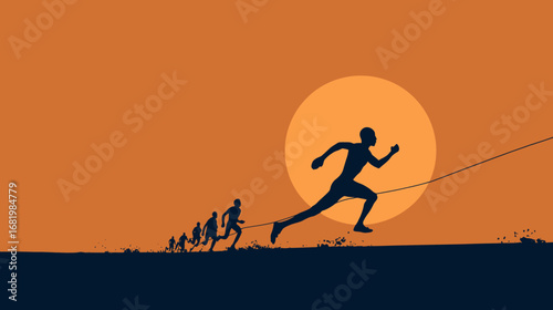 Silhouette of a powerful runner leading and pulling a team of people with a rope symbolizing teamwork and shared effort.