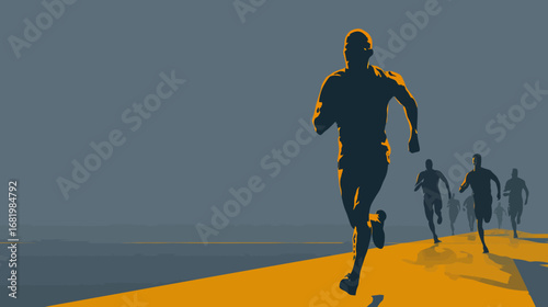 Stylized silhouette of a lead runner in a marathon highlighted by a dramatic orange glow.