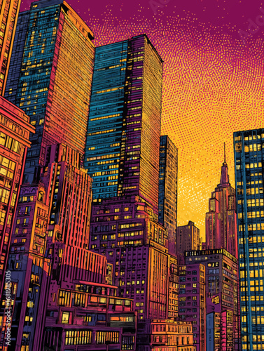 Vibrant pop art cityscape of towering skyscrapers with bold lines and a colorful stippled texture.