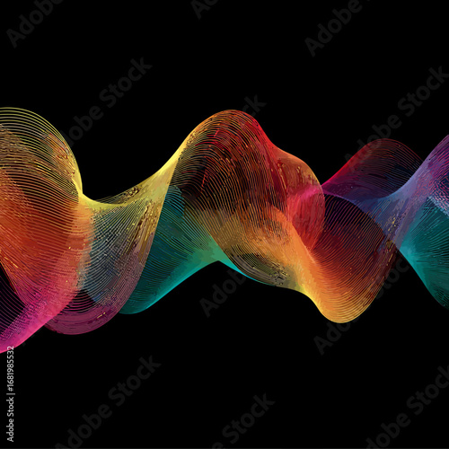 A vibrant flowing abstract wave composed of fine textured lines in a rainbow gradient.