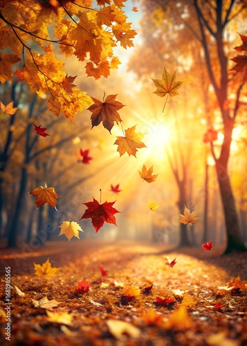 Enchanted Autumn Forest with Golden and Red Leaves in Sunlight