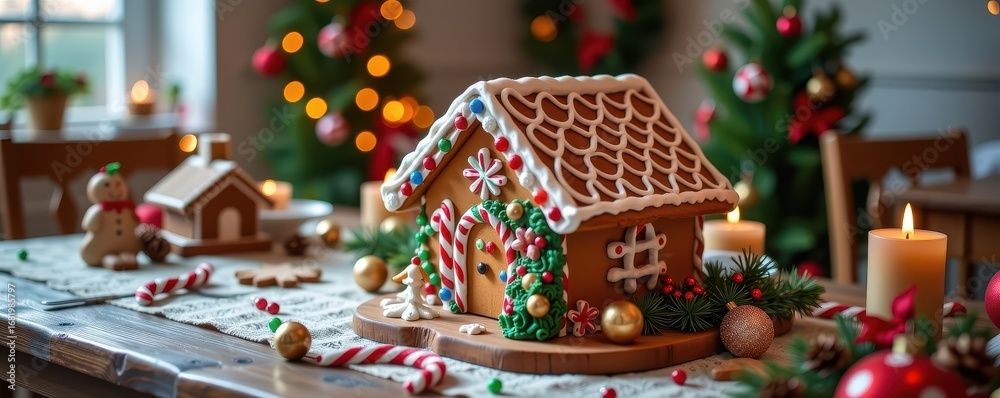 Naklejka premium A charming gingerbread house centerpiece sits on a rustic Christmas table, surrounded by festive decor, leaving ample space for text or branding, inviting, spice