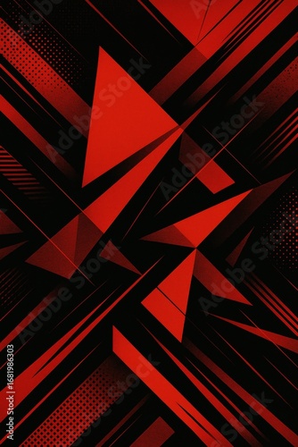 Bold geometric abstract design with dynamic red angular patterns